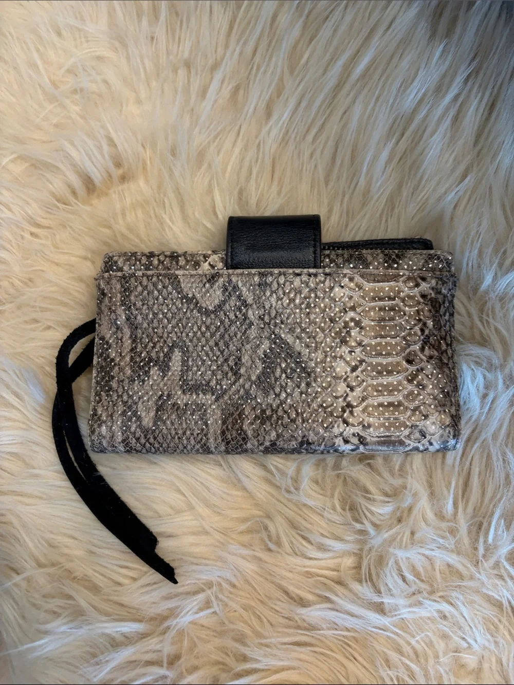 Aimee Kestenberg Gray Snake-Print Leather Wristlet with Black Snap and Strap